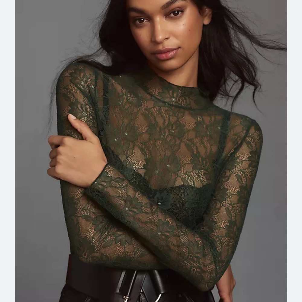 Anthropologie Dark Green Lace Top